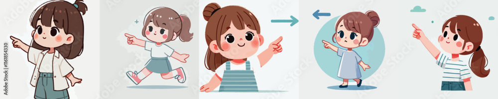 little girl vector set pointing to the side
