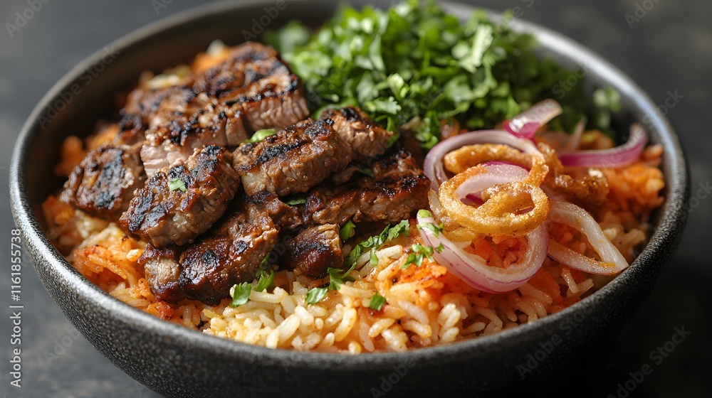 A close-up shot of a flavorful rice bowl topped with grilled beef, kimchi, crispy fried onions, and fresh herbs. Delicious Lamb Biryani in a Rustic Bowl A close-up shot of a flavorful rice bowl topped with grilled beef, kimchi, crispy fried onions, and fresh herbs. Delicious Lamb Biryani in a Rustic Bowl