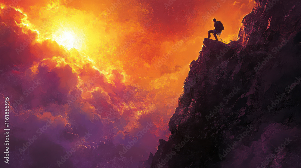 A dynamic image of a mountain climber perched on a rocky cliffside, gazing into a fiery sunset over a rugged mountain range, vibrant orange and purple skies A dynamic image of a mountain climber perched on a rocky cliffside, gazing into a fiery sunset over a rugged mountain range, vibrant orange and purple skies