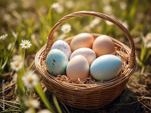 Decorated Easter eggs in a wicker basket with the field background for celebration or egg hunt photo