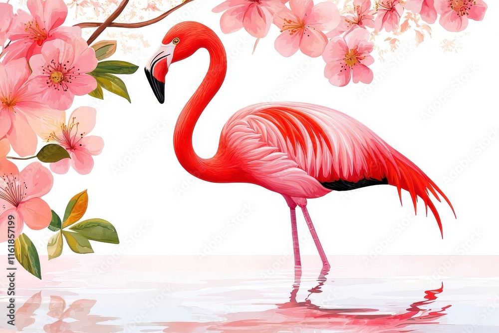 Naklejka premium Elegant Flamingo Standing Beside Beautiful Pink Cherry Blossoms