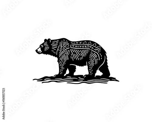 illustration of walking grizzly bear in woodcut linocut engraving black ink print style 	