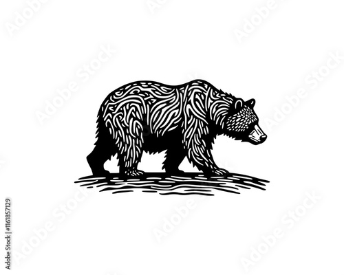 illustration of walking grizzly bear in woodcut linocut engraving black ink print style 	