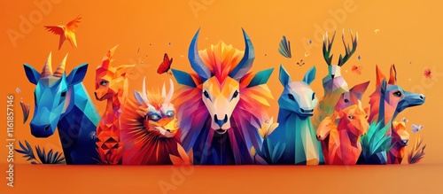 Colorful low-poly animals group.