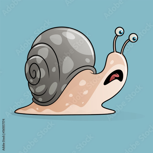 a smiling snail with a gray shell and beige body, featuring exaggerated eyes on stalks, set against a light blue background