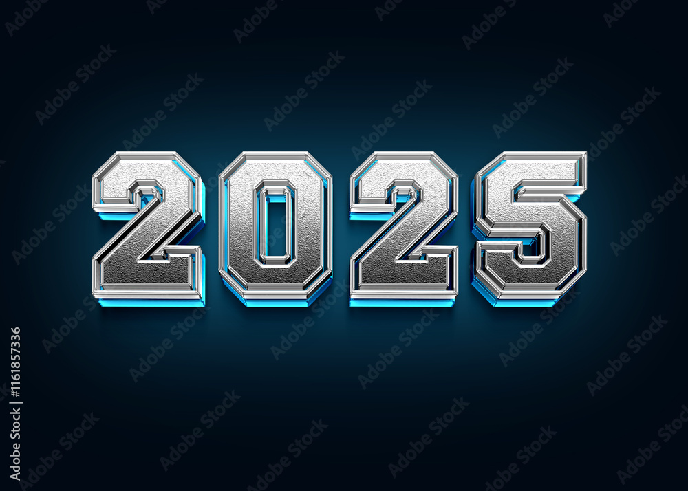 2025 Chrome 3D Metallic Text Effect with Blue Neon Glow on Dark Background - Futuristic Design 2025 Chrome 3D Metallic Text Effect with Blue Neon Glow on Dark Background - Futuristic Design