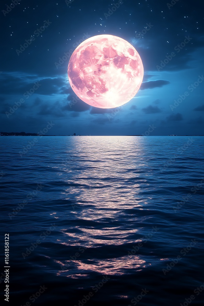 Pink Moonrise Over Calm Ocean: A Serene Nightscape Pink Moonrise Over Calm Ocean: A Serene Nightscape