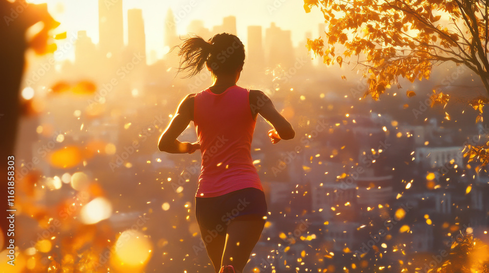 A dynamic portrayal of a woman jogging in an urban park at sunrise, wearing vibrant athletic wear, surrounded by blurred cityscape elements in the background. The sunlight casts golden hues through tr A dynamic portrayal of a woman jogging in an urban park at sunrise, wearing vibrant athletic wear, surrounded by blurred cityscape elements in the background. The sunlight casts golden hues through tr