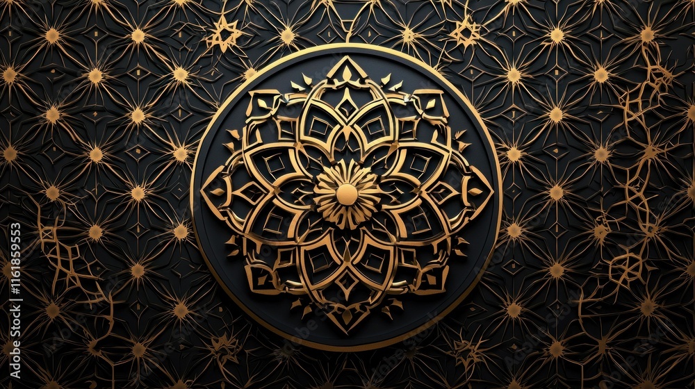 Gold ornate mandala on black geometric background. Gold ornate mandala on black geometric background.
