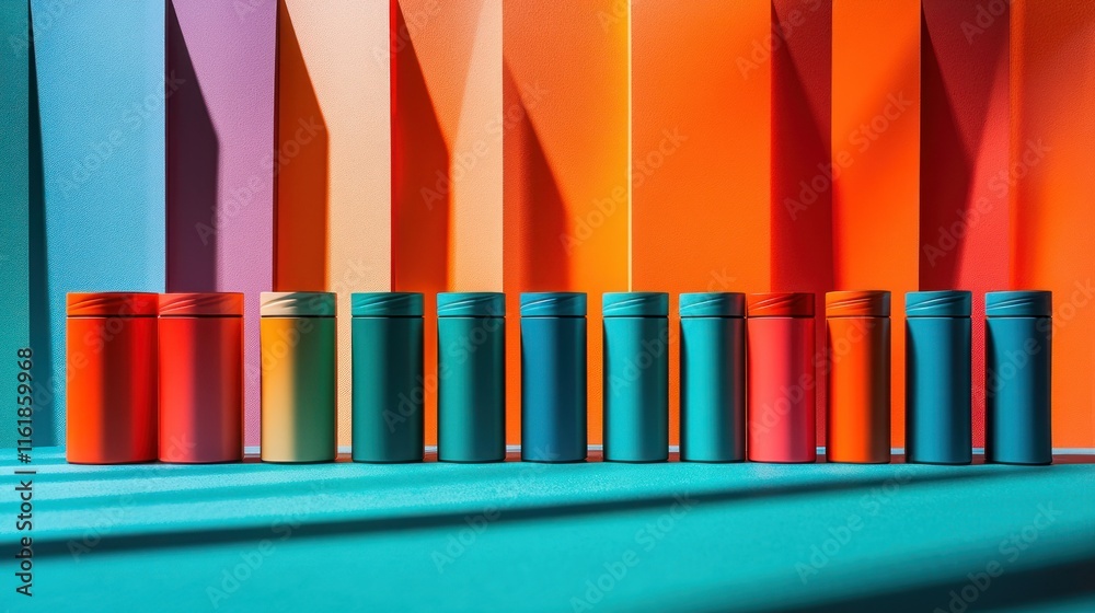 Fototapeta premium Colorful thermoses in a row against a vibrant background.