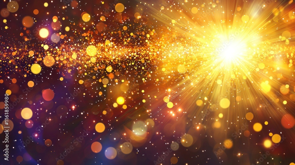 Naklejka premium Golden light burst with bokeh effect and sparkles on dark background.