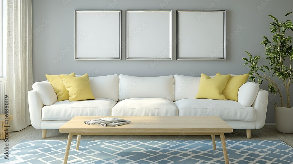 Fototapeta premium Modern living room interior with white sofa, light wood coffee table, blue rug, and three empty picture frames.