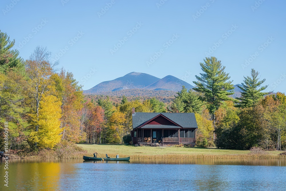 A serene lakeside cabin surrounded by autumn foliage and mountains. A serene lakeside cabin surrounded by autumn foliage and mountains.