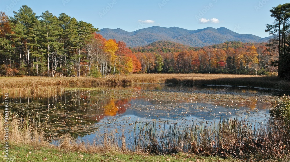 Calm autumn lake reflecting colorful trees and distant mountains. Calm autumn lake reflecting colorful trees and distant mountains.