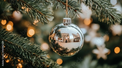 Silver Ornament Reflects Christmas Tree Lights