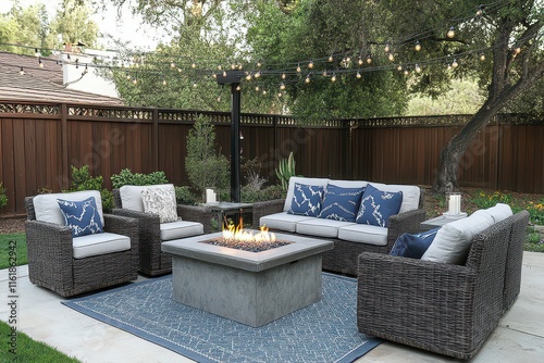 Cozy outdoor seating area with a fire pit and string lights for relaxation and gatherings.
