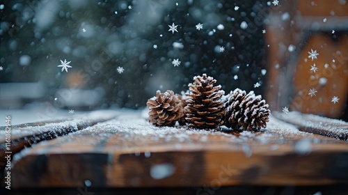 Snowflakes falling gently on a rustic wooden table with pinecones. 