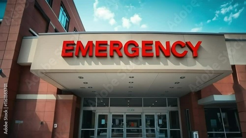 Hospital Emergency Room Entrance with Red Signage Under a Sunny Sky