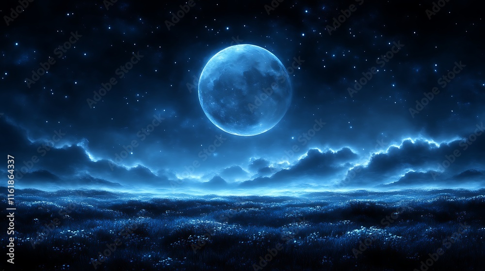 Serene Nightscape Underneath A Full Blue Moon Serene Nightscape Underneath A Full Blue Moon