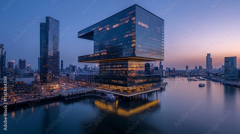 Modern architecture by waterfront at sunset.