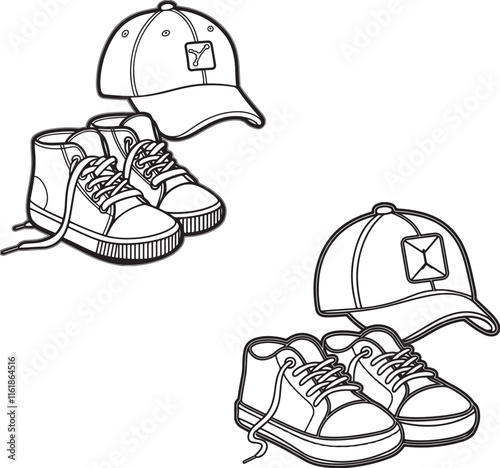 cap and shoe line art, coloring page