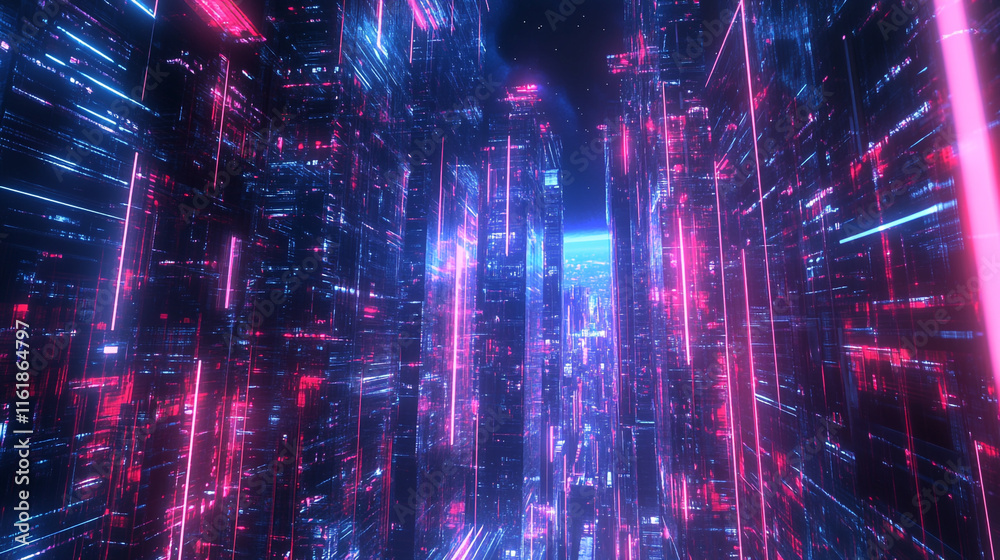 Fototapeta premium Energetic and colorful laser lights producing vibrant and intricate patterns against a dark background, high speed technology concept background, light abstract background. 