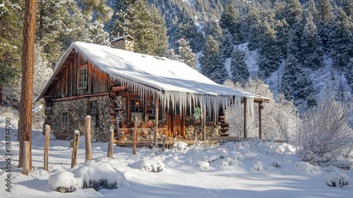 Icicles hanging from the eaves of a rustic mountain cabin. 