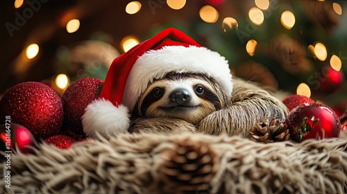 Holiday cheer is embodied by a happy sloth in a Santa hat lounging amid Christmas decorations and sparkling 