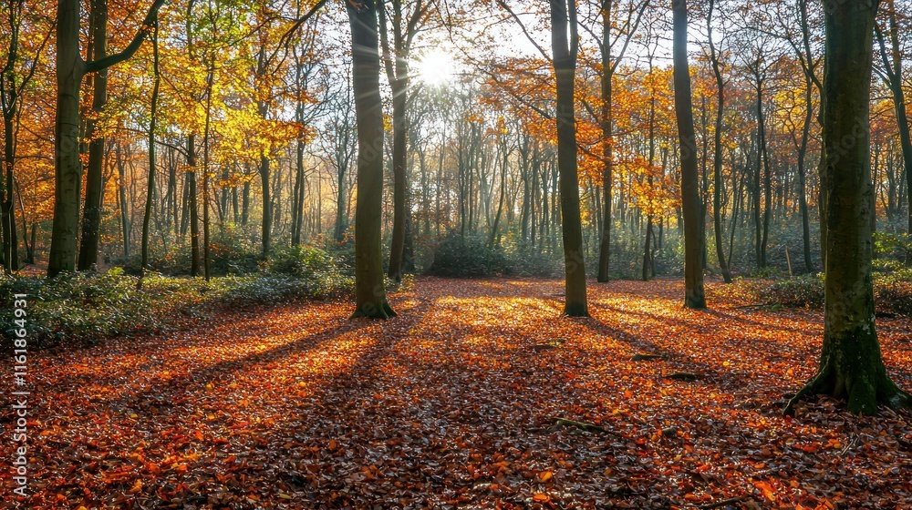 Fototapeta premium A beautiful forest scene in autumn, with a carpet of fallen leaves and sunlight filtering through the trees