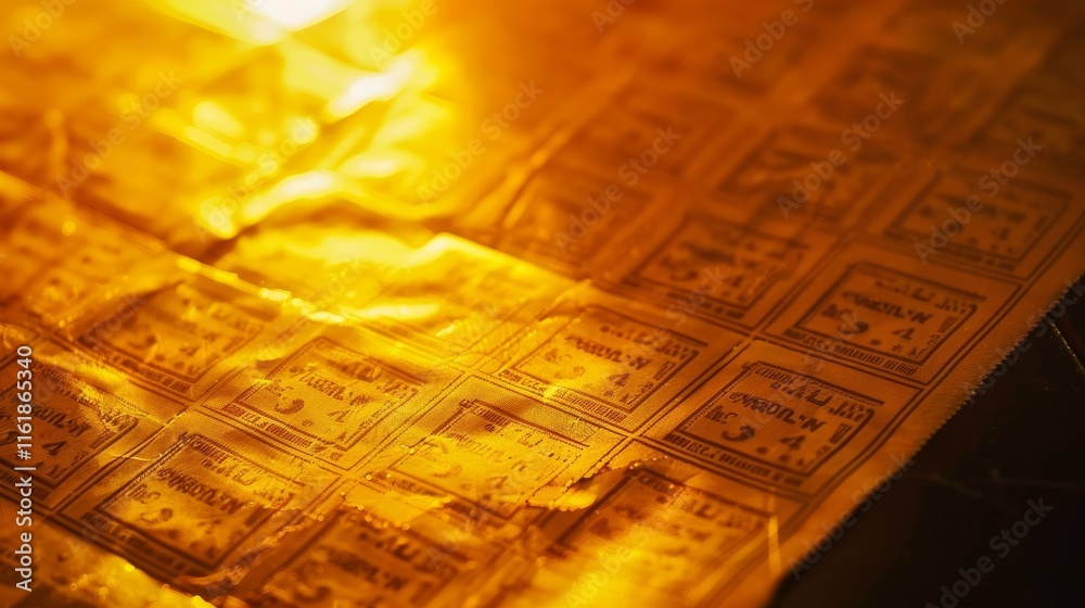 Fototapeta premium Close-up of a golden lottery ticket with glowing light rays, symbolizing luck and fortune, with ample copy space for text or design. Concept of chance, wealth, and opportunity. 