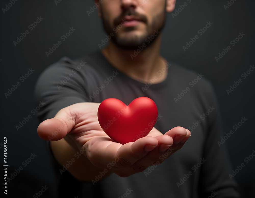 Man with beard face wearing grey t-shirt showing one hand holding small matt red heart against dark grey background Man with beard face wearing grey t-shirt showing one hand holding small matt red heart against dark grey background