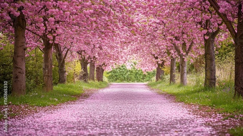 A beautiful spring scene with cherry blossom trees in full bloom, their pink petals covering the ground photo