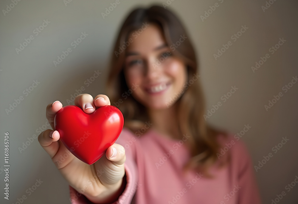 Young woman with smiling happy face wearing pink long sleeve top showing one hand holding red heart, half body shot view Young woman with smiling happy face wearing pink long sleeve top showing one hand holding red heart, half body shot view