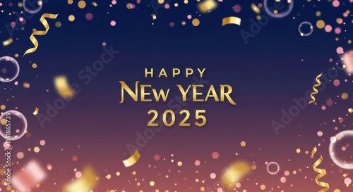 Wallpaper Mural Happy New Year 2025 Background: Festive confetti and ribbons cascade against a gradient backdrop, creating a celebratory atmosphere for the new year.   Torontodigital.ca