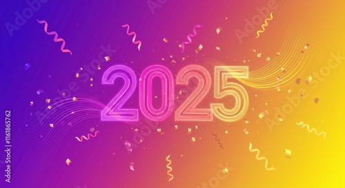 Wallpaper Mural 2025 Neon Dreams: A vibrant, digital illustration of the year 2025, rendered in glowing neon colors.  The number is surrounded by confetti. Torontodigital.ca
