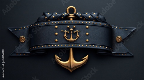 Golden anchor emblem on black leather banner. photo