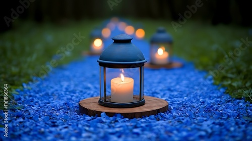 Lantern Candlelight Path Through Blue Flowers photo