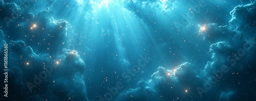 Enchanting aqua blue heavens with delicate star clusters and glowing light