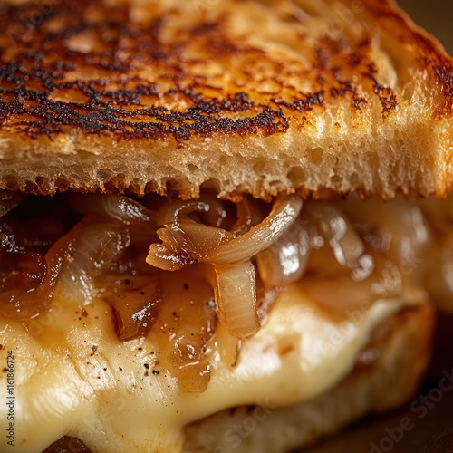 a sumptuous gourmet grilled cheese sandwich filled with melted gouda and sweet caramelized onions photo