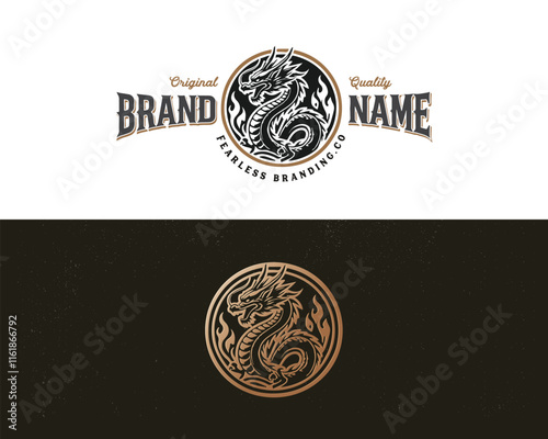 Vintage classic mythological beast dragon fire illustration logo for business company