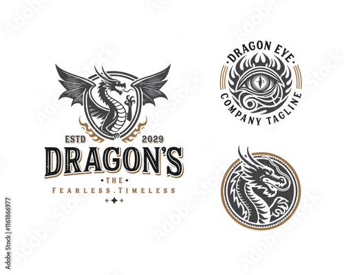 Vintage classic mythological beast dragon fire illustration logo for business company