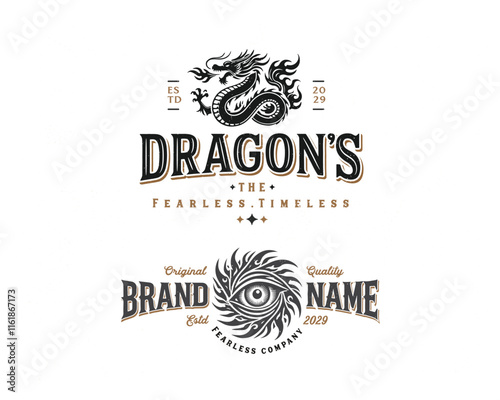 Vintage classic mythological beast dragon fire illustration logo for business company