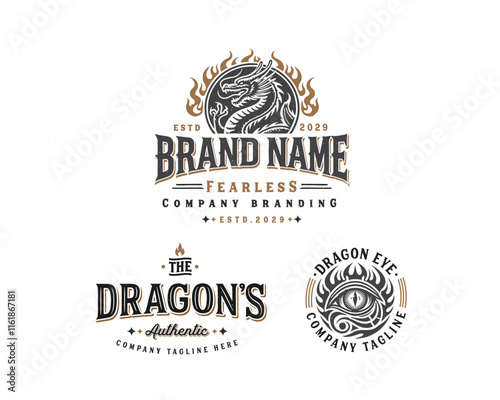 Vintage classic mythological beast dragon fire illustration logo for business company