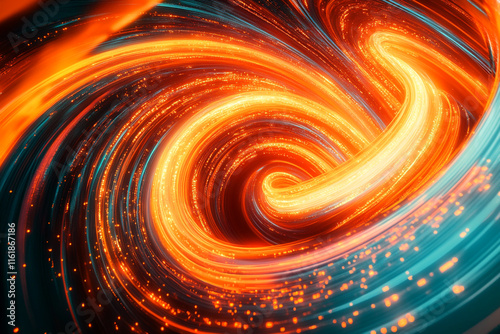 Energetic orange and teal light trails weaving through abstract patterns, vibrant and bold