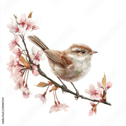 Delicate Sparrow Perched on Cherry Blossom Branch in Soft Pastel Colors, Nature Illustration photo