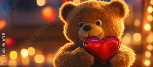 Cute teddy bear holding a heart-shaped object against a bokeh background. (1)