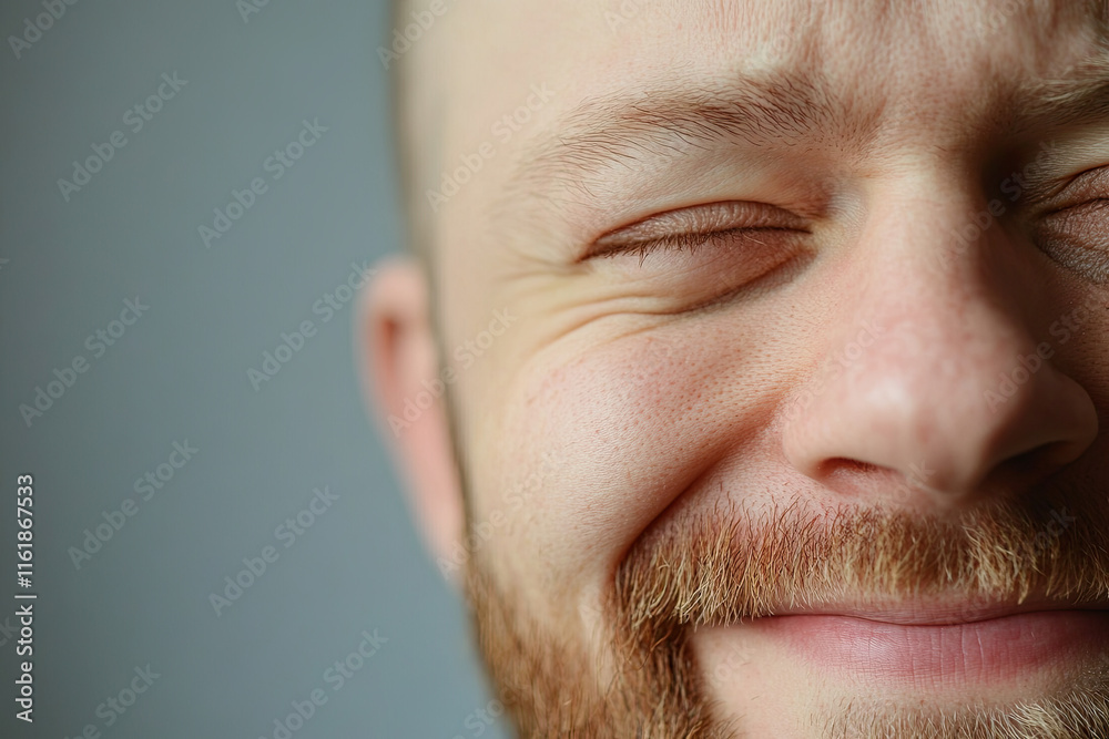 Person squinting one eye with a crooked smile, adding quirky charm Person squinting one eye with a crooked smile, adding quirky charm