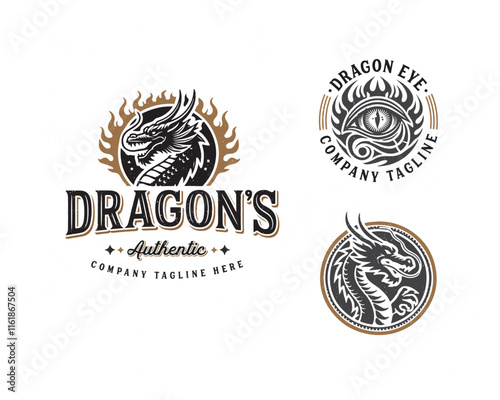 Vintage classic mythological beast dragon fire illustration logo for business company