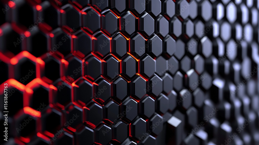 Fototapeta premium Abstract Hexagon Pattern with Red Glowing Edges, Red and black hexagons wireframe wallpaper, desktop background, 