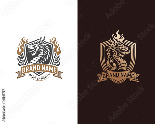 Vintage classic mythological beast dragon fire illustration logo for business company